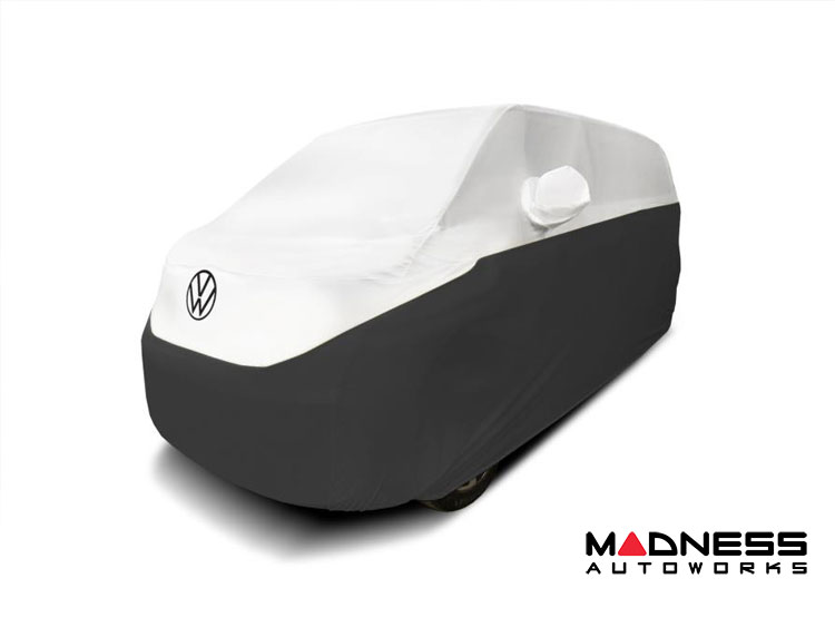 Volkswagen ID. Buzz Custom Fit Vehicle Cover - Satin Stretch - White And Dark Gray + Rear Passenger Charger Port Flap